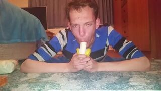 Skinny teen shoves banana deep in his throat Peter bony