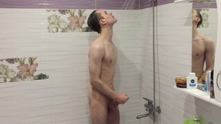 Skinny twink with big cock shines dirtily and goes along rubbin his prick in the shower - Gay Porn Video 2