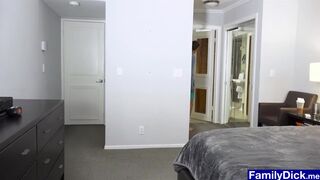 Stepson follows his dad to the shower and touches him