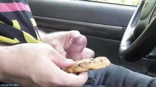 boy masturbates and squirts cum on biscuit cake