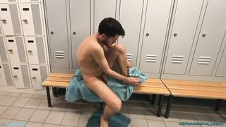 playing with feet and dick in the locker room