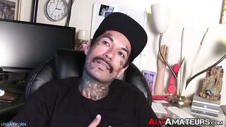 inked goth dude shows off his firm body and masturbates solo