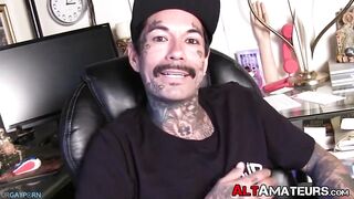 inked goth dude shows off his firm body and masturbates solo