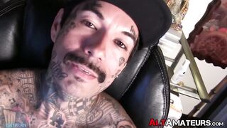 inked goth dude shows off his firm body and masturbates solo
