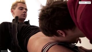 Two cute twinks after football fuck in the locker room
