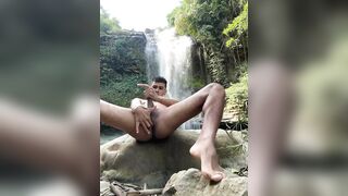 Gregory - Latino guy with huge cock masturbates under a waterfall